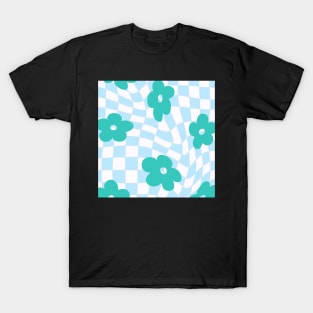 groovy pinterest checkered abstract blue flower print T-Shirt